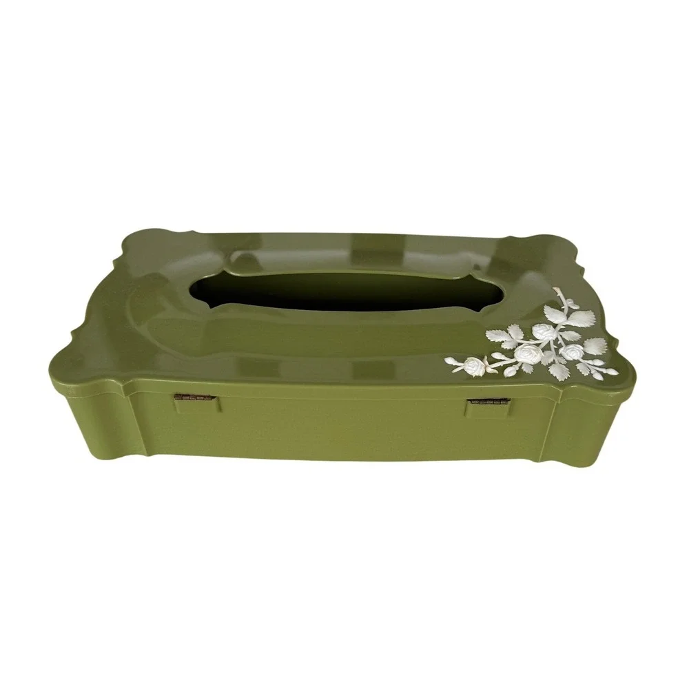 Schwarz Bros Plastics Tissue Holder Vintage Olive Green Floral MCM Decor Kitsch
